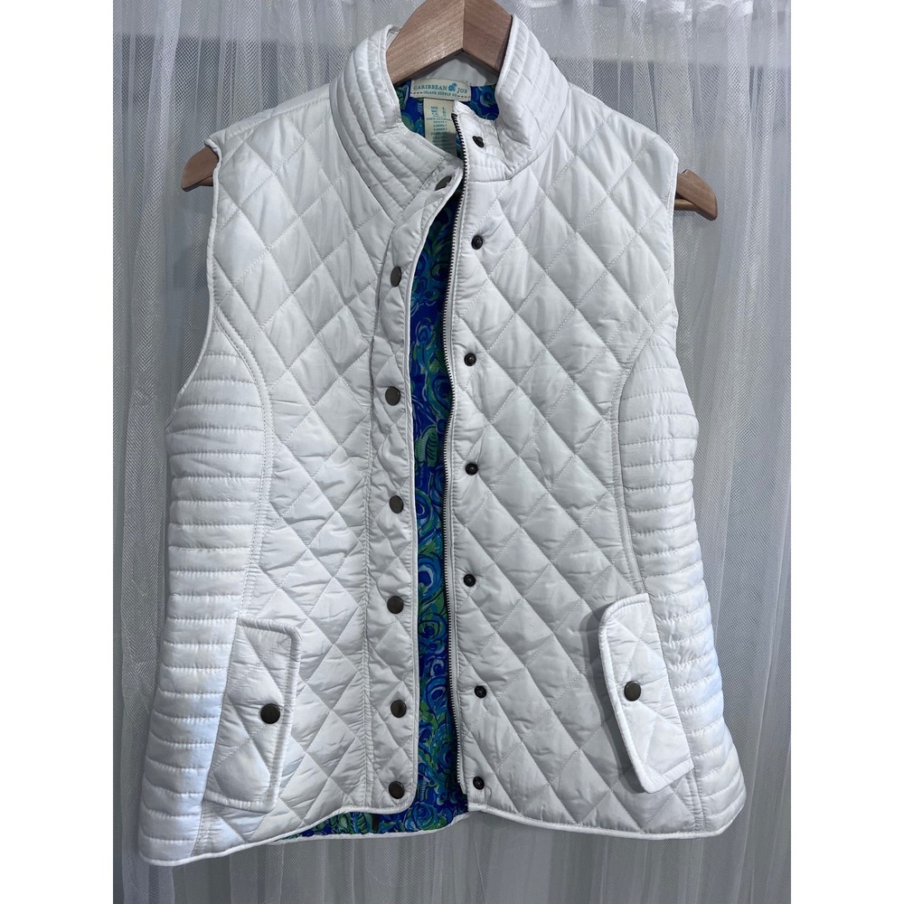 Caribbean Joe Womens White Quilted Puffer Vest Mock‎ Neck Tropical Lining Large
